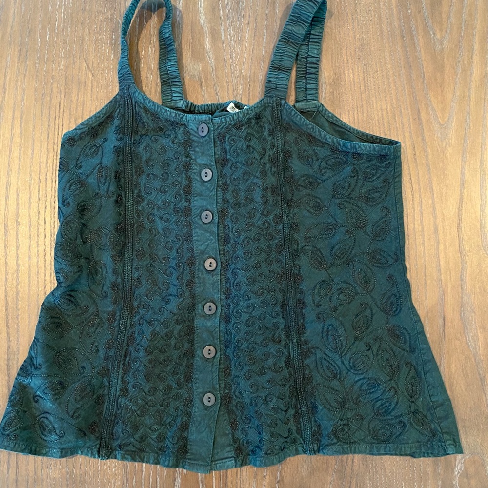 Dark Green Boho Embroidered tie back Top